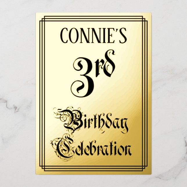 3rd Birthday Party — Elegant Script + Custom Name Foil Invitation (Front)