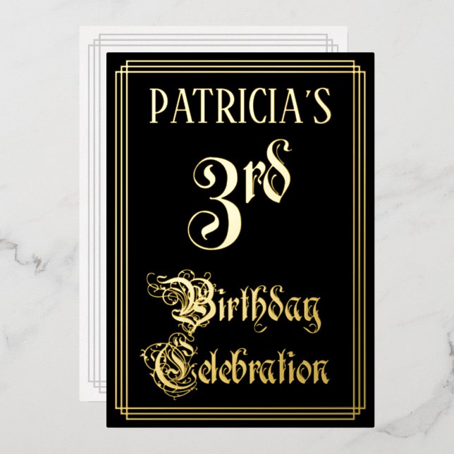 3rd Birthday Party — Fancy Script & Custom Name Foil Invitation (Front/Back)