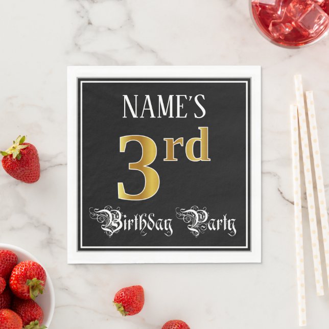 3rd Birthday Party — Fancy Script, Faux Gold Look Napkins (Insitu)