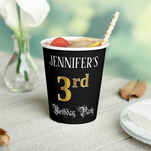 3rd Birthday Party  Fancy Script Faux Gold Look Paper Cups