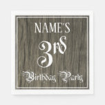 [ Thumbnail: 3rd Birthday Party — Fancy Script, Faux Wood Look Napkins ]