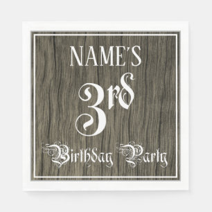 3rd Birthday Party — Fancy Script, Faux Wood Look Napkins