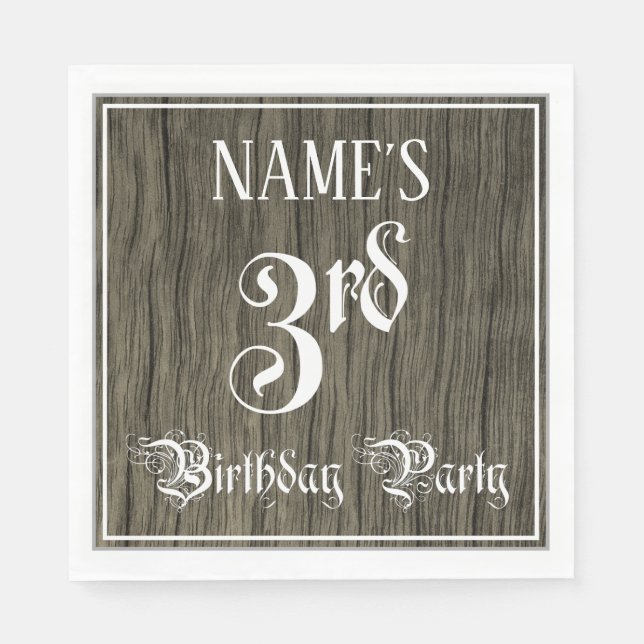 3rd Birthday Party — Fancy Script, Faux Wood Look Napkins (Front)