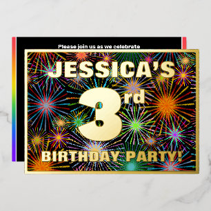 3rd Birthday Party — Fun, Colorful Fireworks Look Foil Invitation