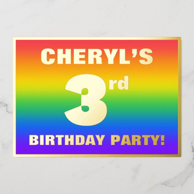 3rd Birthday Party: Fun, Colorful Rainbow Pattern Foil Invitation (Front)