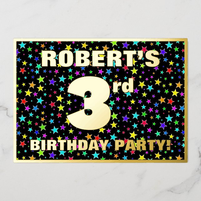 3rd Birthday Party — Fun, Colorful Stars Pattern Foil Invitation (Front)
