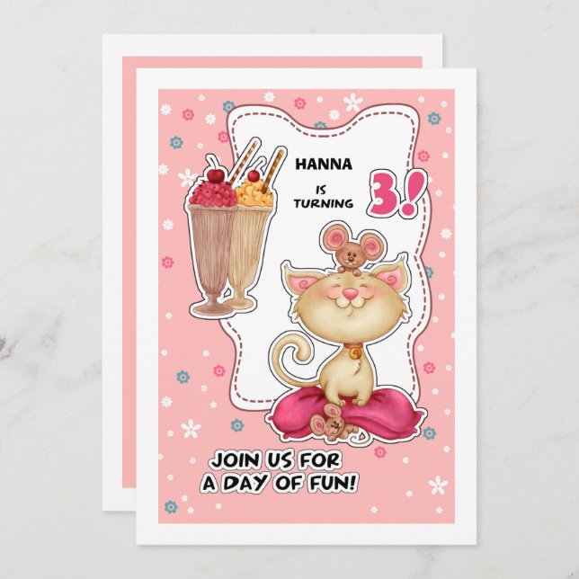 3rd Birthday Party | Fun Kitty & Mice Custom Invitation (Front/Back)