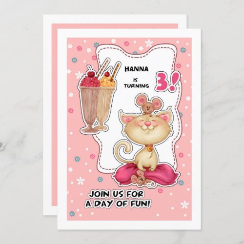 3rd Birthday Party  Fun Kitty  Mice Custom Invitation