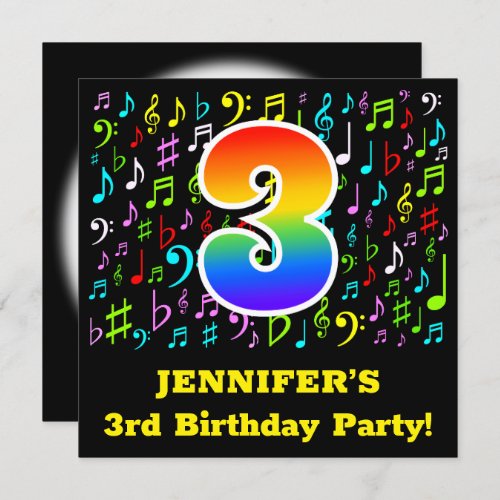 3rd Birthday Party Fun Music Symbols Rainbow 3 Invitation