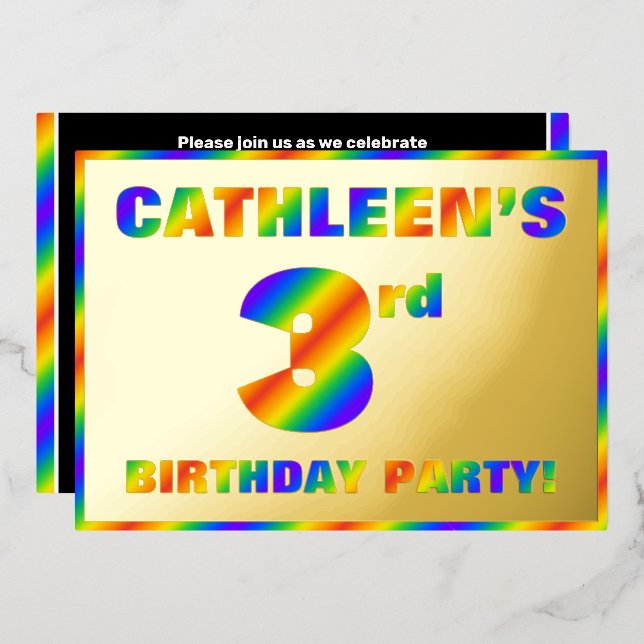 3rd Birthday Party — Fun, Rainbow Spectrum “3” Foil Invitation (Front/Back)