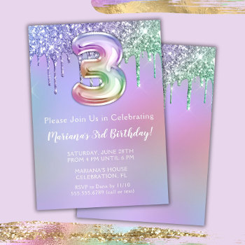 3rd Birthday Party Invitation Purple Pink Glitter by WittyPrintables at Zazzle