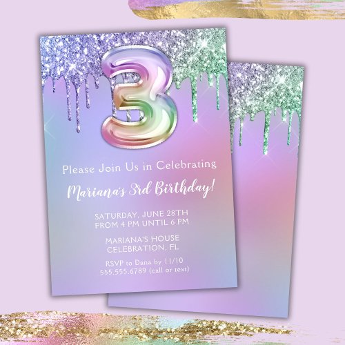 3rd Birthday Party Invitation Purple Pink Glitter