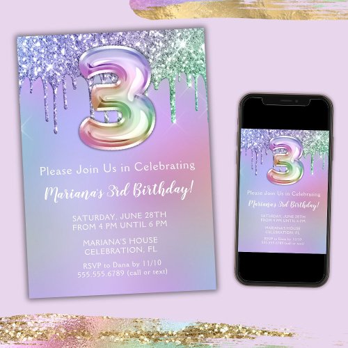 3rd Birthday Party Invitation Purple Pink Glitter