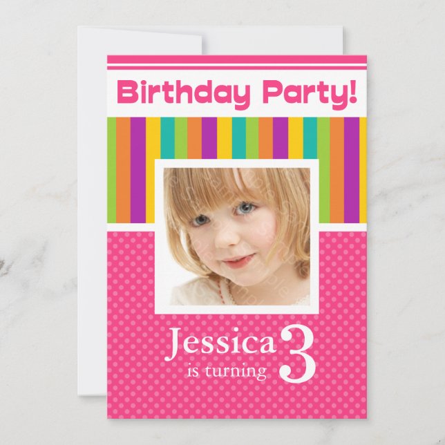 3rd Birthday Party Invitations Fun Neon GIRL (Front)