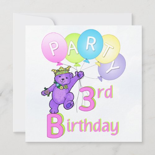 3rd Birthday Party Princess Bear Balloons Invitation