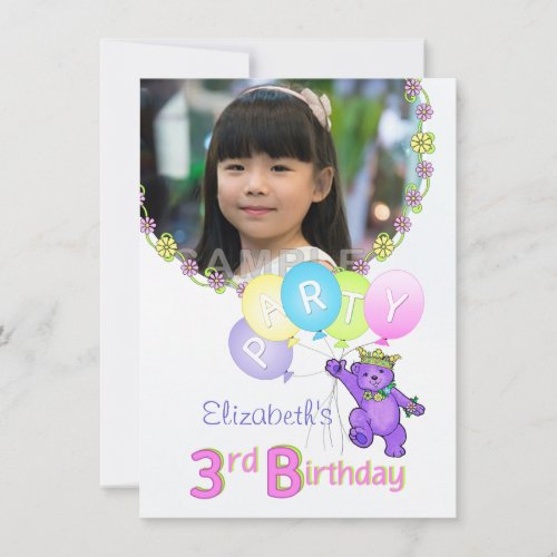 3rd Birthday Party Princess Bear Custom Photo Invitation