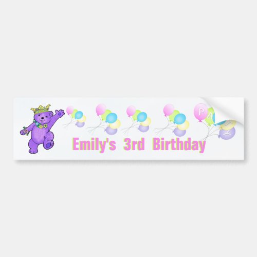 3rd Birthday Party Purple Princess Bear Bumper Sticker
