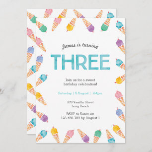 3rd Birthday Party Rainbow Ice cream invitation