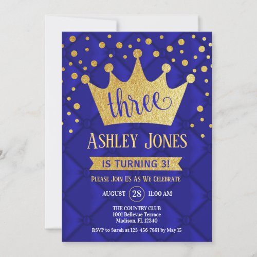 3rd Birthday Party _ Royal Blue Gold Invitation