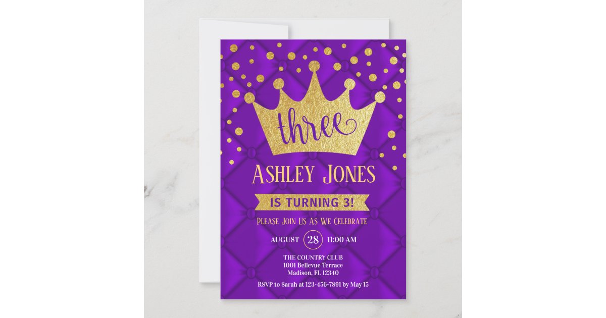 3rd Birthday Party - Royal Purple Gold Invitation | Zazzle