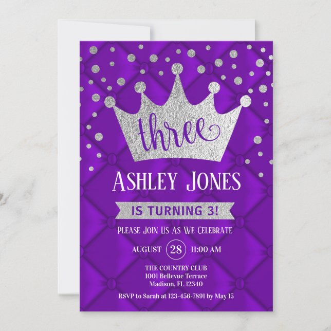 3rd Birthday Party - Royal Purple Silver Invitation (Front)