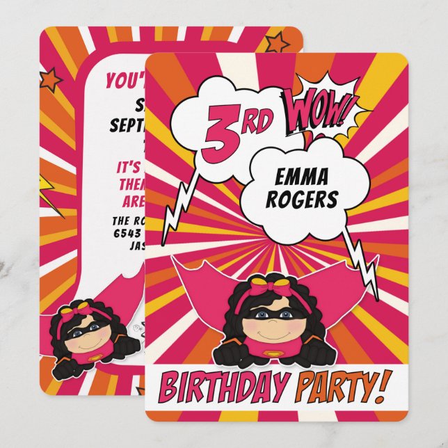 3rd Birthday Party Superhero Pink Comic for Girls Invitation (Front/Back)