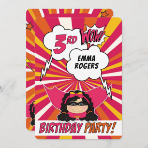 3rd Birthday Party Superhero Pink Comic for Girls Invitation
