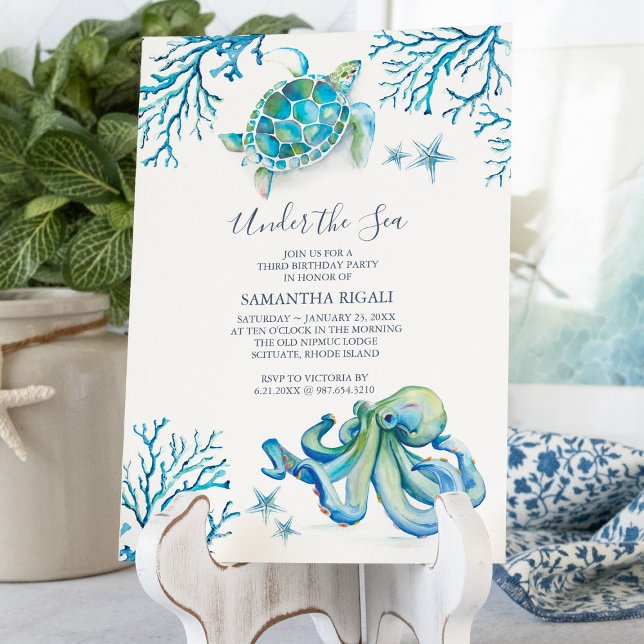 3rd Birthday Party Under The Sea Invitation (3rd birthday party invitations blue under the sea watercolor art by Victoria Grigaliunas)