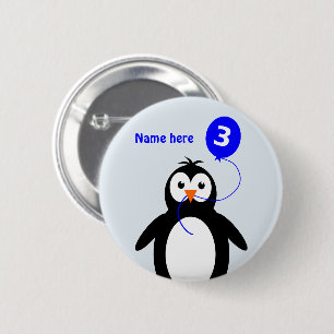 3rd birthday penguin add name blue pinback button