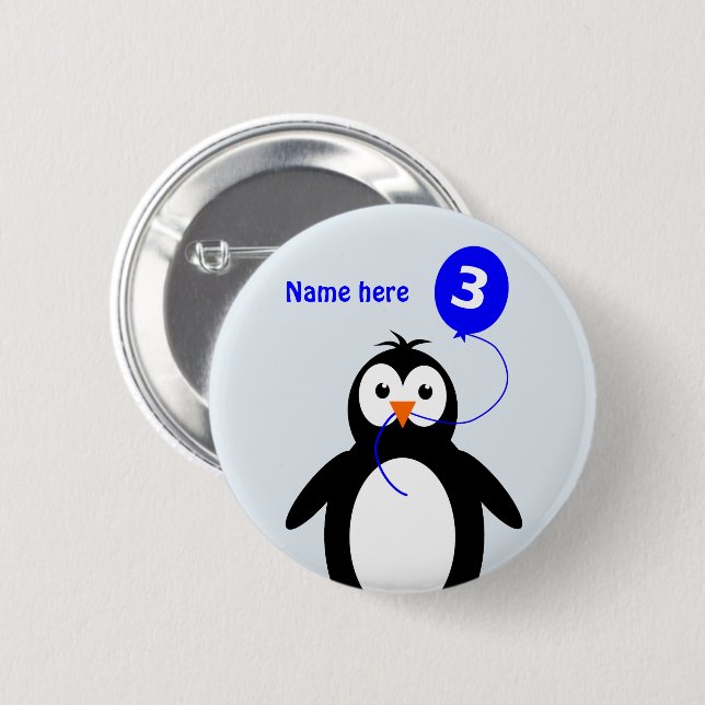 3rd birthday penguin add name blue pinback button (Front & Back)