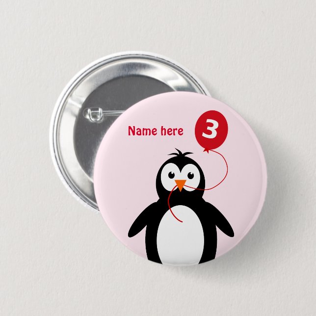 3rd birthday penguin add name pink button (Front & Back)