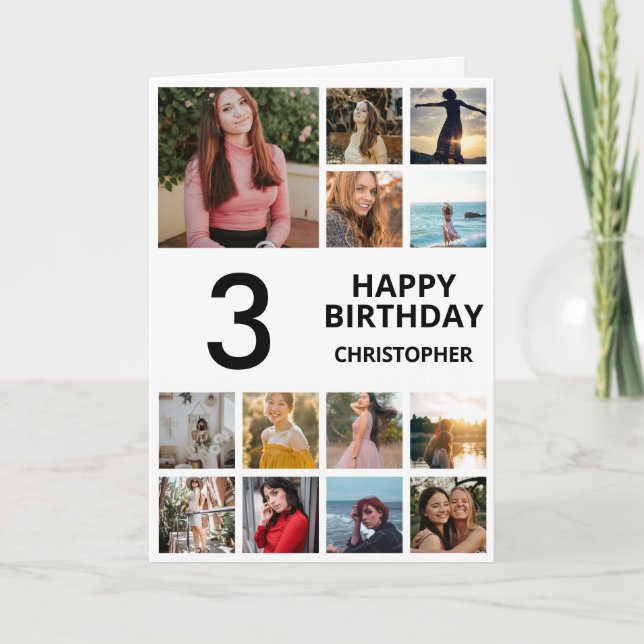 3rd Birthday Photo Collage 13 Photos Black & White Card (Front)