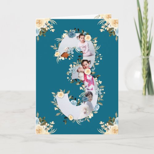 3rd Birthday Photo Collage Blue Yellow Flower Teal Card