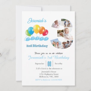 3rd birthday photo collage number 3 Boy Invitation