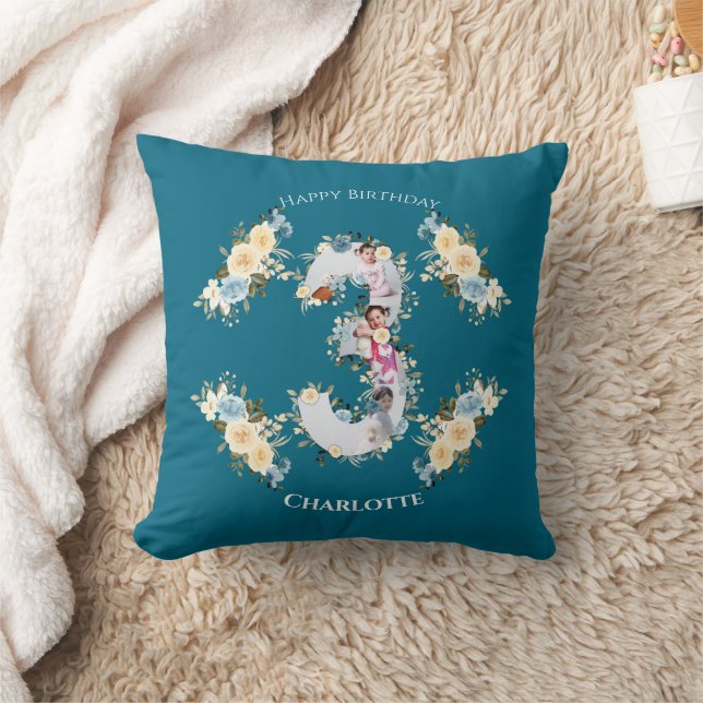 3rd Birthday Photo Collage Teal Blue Yellow Flower Throw Pillow (Blanket)