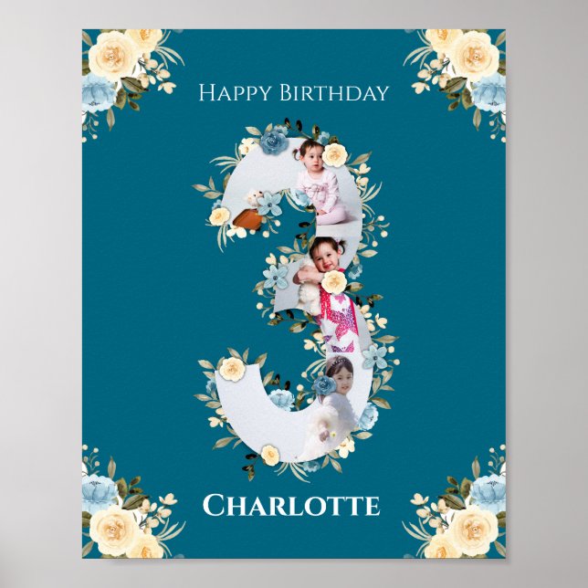 3rd Birthday Photo Teal Collage Blue Yellow Flower Poster (Front)