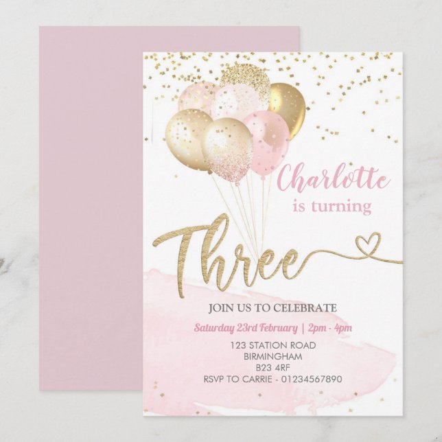 3rd Birthday Pink and Gold Balloons  Invitation (Front/Back)