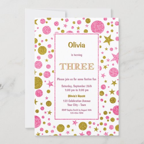 3rd Birthday Pink and Gold Glitter Invitation