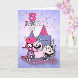 3rd Birthday Pink and Purple Cartoon Monsters Card