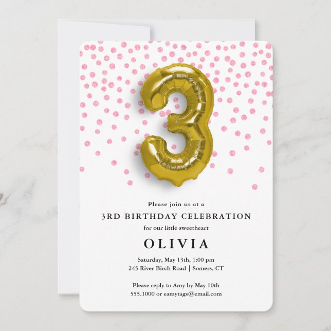 3rd Birthday Pink Confetti and Gold Balloon Invitation (Front)