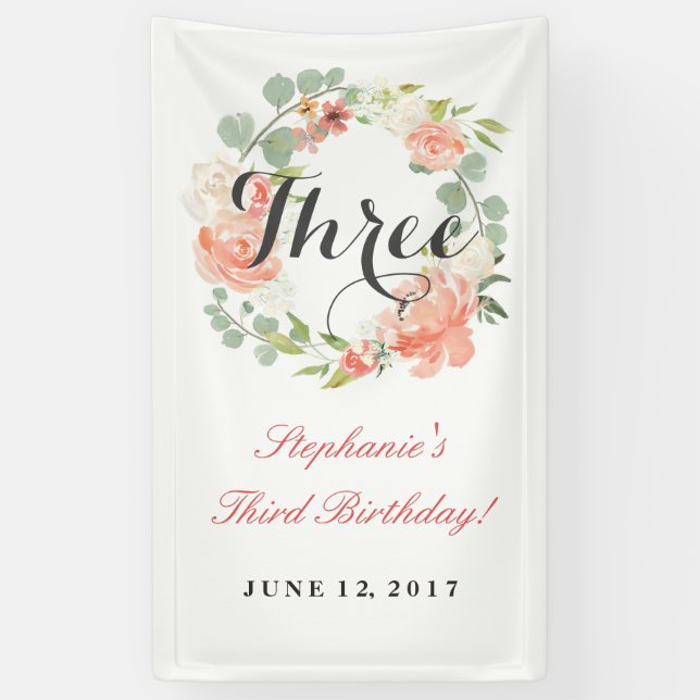 3rd Birthday Pink Floral Wreath Three Banner (Vertical)