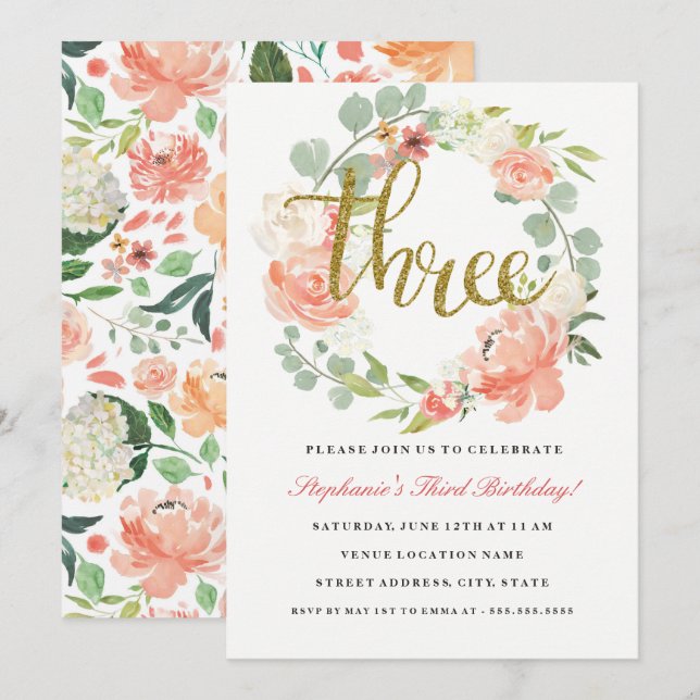 3rd Birthday Pink Gold Floral Wreath Invitation (Front/Back)