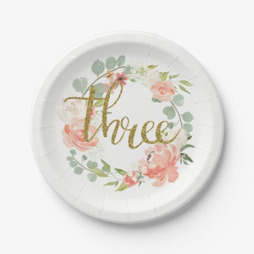 3rd Birthday Pink Gold Floral Wreath Paper Plate