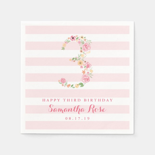 3rd Birthday Pink Stripe & Watercolor Floral THREE Napkins (Front)