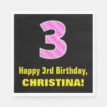 [ Thumbnail: 3rd Birthday: Pink Stripes and Hearts "3" + Name Napkins ]