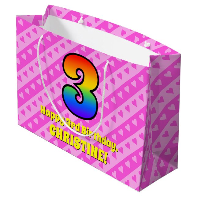 3rd Birthday: Pink Stripes & Hearts, Rainbow # 3 Large Gift Bag (Back Angled)