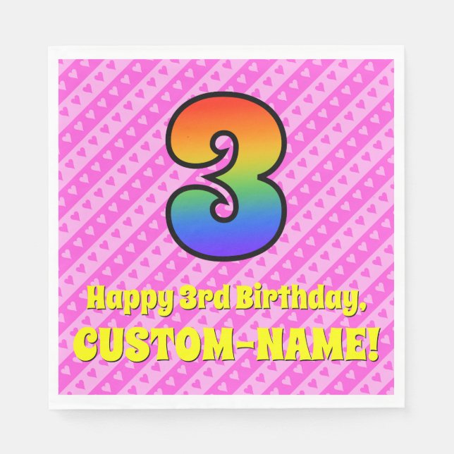 3rd Birthday: Pink Stripes & Hearts, Rainbow # 3 Napkins (Front)