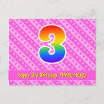 [ Thumbnail: 3rd Birthday: Pink Stripes & Hearts, Rainbow 3 Postcard ]
