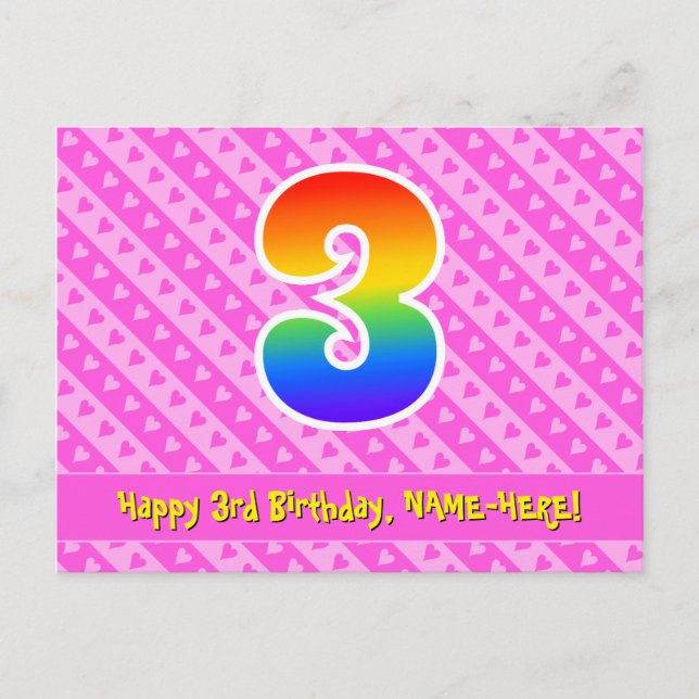 3rd Birthday: Pink Stripes & Hearts, Rainbow 3 Postcard (Front)