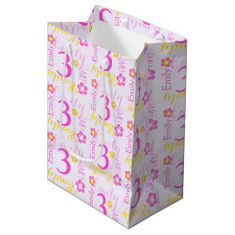 3rd Birthday pink yellow custom name gift bag